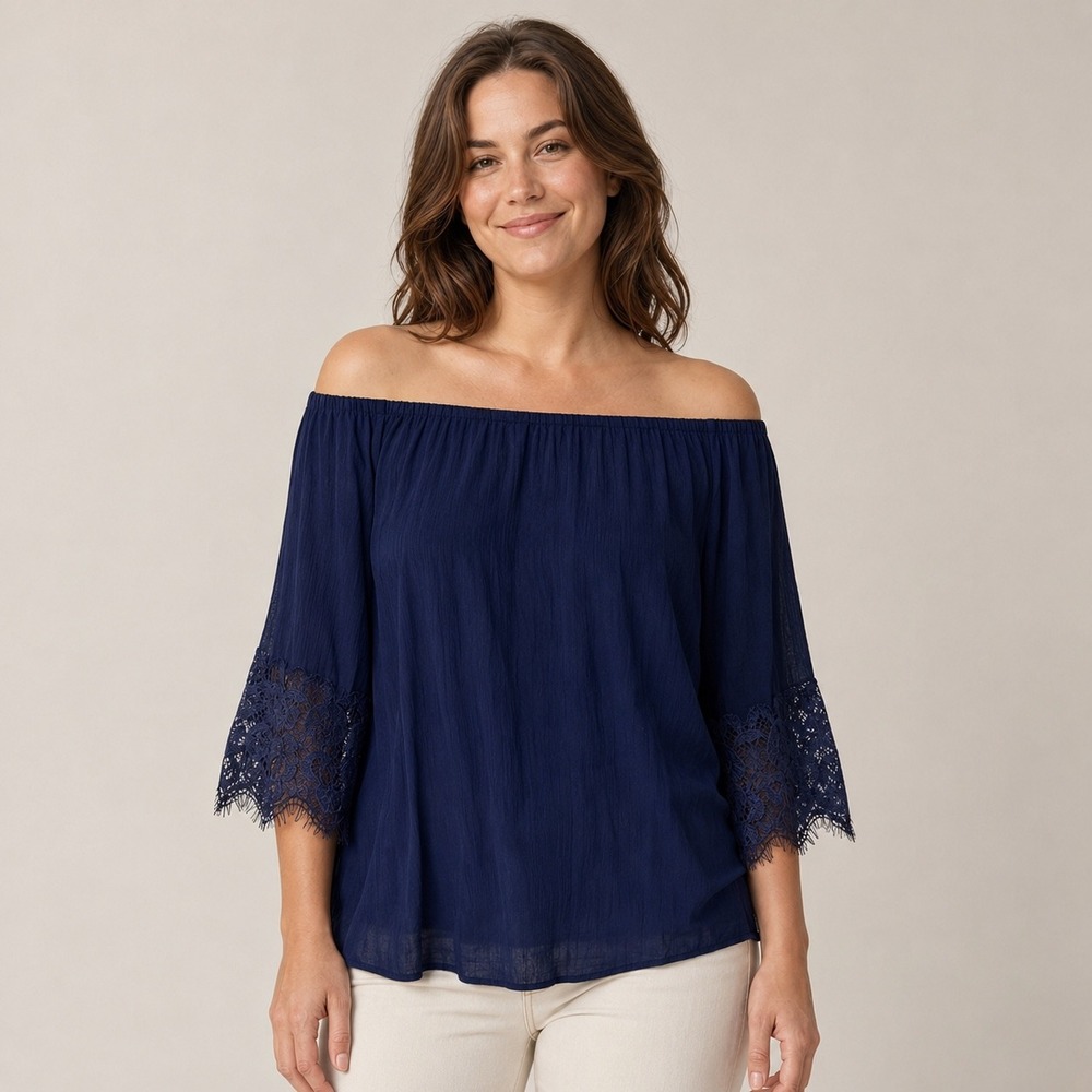 Soho Jeans New York & Company Navy Blue Off Shoulder‎ Lace Trim Blouse Top Large